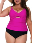 CUPSHE Ensemble tankini deux pièces pour femme, col en V, découpe froncée dans le dos, crochet sur le devant, taille mi-haute, bas réversible, P-magenta/noir, 18 Plus