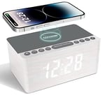 ANJANK Radio-réveil numérique en bois avec chargement sans fil, chargeur rapide 10 W pour iPhone/Android, fonction de charge USB, sur secteur, batterie de secours et écran LED