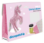 Décopatch KIT009O - Un mini-kit comprenant un animal en papier pulpé blanc, 2 feuilles Décopatch, un pinceau et un pot de vernis colle, LICORNE