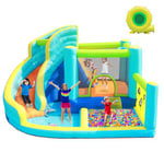 Château Gonflable Parc Aquatique pour Enfants avec Toboggan Trampoline Pataugeoire Mur d'escalade et Panier de Basket Grand Château Gonflable pour Jardin Extérieur Peut contenir jusqu'à 4 Enfants