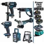 Makita - Pack Power pro 6 outils 18V: DDF458 + DTD152 + DGA504 + DHR202 + DMR108 + Projecteur + 3 batt 5Ah + sac