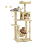 Feandrea Arbre à Chat Hauteur 143 cm, Tour de Jeux pour Chats, avec 4 Poteaux à Griffer, 2 Plateformes, 1 Niche, 1 Hamac, 2 Pompons, en Tissu Peluche, Multi-Niveaux, Beige PCT161M01