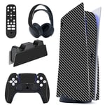 playvital Black Silver Carbon Fiber Full Set Skin Decal for PS5 Console Disc Edition, Sticker Vinyl Decal Cover for PS5 Controller & Charging Station & Headset & Media Remote