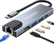 USB C Ethernet LAN RJ45, Adaptateur USB C 5 en 1, Multiport Adapter 4K HDMI, USB 3.0, PD 100W, Dock USB c pour MacBook Pro/Air, iPad Pro/Air, Chromecast, Switch, PS4, Windows, Mobile etc