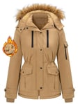 TOMEEK Manteau Femme Hiver Veste Parka Polaire Imperméable Manteau à Capuche Chauffante à Col en Fourrure Blouson Chaud Chic et Elegant avec 5 Poches Zippé Jacket,Kaki,Taille L