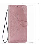 UILY Case Compatibel for Xiaomi Poco X3 NFC + 9H Tempered Glass Film, Fashion Flip Leather Wallet Cover, Printing Mandala Pattern Bracket Function Shell. Pink