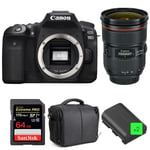 Canon EOS 90D + EF 24-70mm f/2.8L II USM + SanDisk 64GB Extreme PRO UHS-I SDXC 170 MB/s + 2 LP-E6N + Sac | Garantie 2 ans