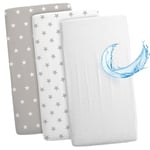 Draps-housses pour landau bébé ensemble Lot de 3 : 83 x 50 cm - 2x draps + 1x protège-matelas étanche - Accessoires de lit bébé pour berceau, lit d'appoint, berceau Étoiles blanches grises