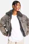 Womens Faux Fur Collar Denim Jacket - Grey - 14, Grey