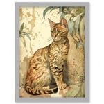 Marble Coat Bengal Cat Perched on Street Wall Watercolour Illustration Artwork Framed Wall Art Print A4