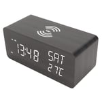 Wooden Digital Alarm Clock With Wireless Charging Black Adjustable Brightnes SLS