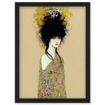 Woman in Klimt Style Dress Gold Black Painting Artwork Framed Wall Art Print A4