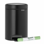 Brabantia NewIcon 3L Pedal Bin–3 Litre–Matt Black & 1 Roll x 3L Compostable Bags