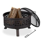 Relaxdays Brasero avec Protection étincelle, tisonnier et Grille de Foyer, Ø 60 cm, Jardin et terrasse, Bronze