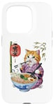 Coque pour iPhone 15 Pro Chat animé mignon en kimono mangeant des ramen Anime drôle