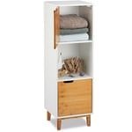 Relaxdays - Etagère sur pieds, Etagère de salon avec porte, Armoire d'appoint en mdf et bambou, hlp 101x32x30 cm, blanc