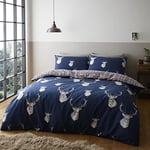 Catherine Lansfield Stag Check Reversible King Duvet Cover Set with Pillowcases Navy Blue