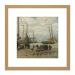 Mesdag Fishing Pinks In Breaking Waves Painting 8X8 Inch Square Wooden Framed Wall Art Print Picture with Mount