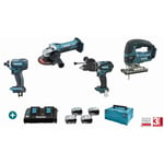 Lot 4 machines 18V Perceuse Visseuse DHP458 + Visseuse à Choc DTD152 + Meuleuse DGA452Z + scie sauteuse DJV180Z Makita avec 4 Batteries 18V 5Ah