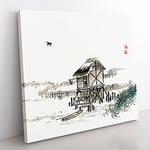 Cottage in the River by Kono Bairei Asian Japanese Canvas Wall Art Print Ready to Hang, Framed Picture for Living Room Bedroom Home Office Décor, 35x35 cm (14x14 Inch)