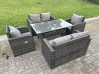 6 Seater Rattan Garden Furniture Set Reclining Chair 2 Seater Love Sofa Set Outdoor Rectangular Dining Table