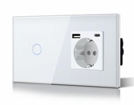 Schuko Interrupteur D'Éclairage, Prise, Encastré, 1 Compartiments, 2 Voies, Prise 3-En-1, Puissance De Charge Usb 2,1 A, Adaptateur De Type C, Station De Charge, Rallonge En Verre,[VID061382]