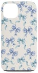 Coque pour iPhone 13 Charmant ruban en toile bleue et blanche avec nœuds en forme de fleur