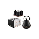 Tower Cavaletto Kettle, 4 Slice Toaster & Canisters Kitchen Set (Black)