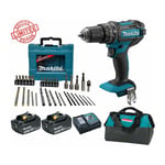 Perceuse visseuse à percussion Makita 18V 62Nm DHP482 + 2 batt 3 Ah + Coffret 34 accessoires de perçage vissage MACCESS + sac