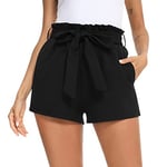 Irevial Short d'été pour Femme Taille élastique Short à Jambes Larges décontracté Ample avec Ceinture de Plage Amples Fluide Classique Noir-1，M