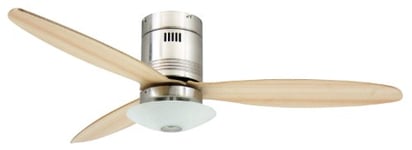 Ventilateur de plafond Aero avec éclairage et télécommande, revêtement nickel satiné, pâles érable (effet bois), 132 cm