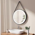 EMKE Miroir de Salle de Bain Rond 60 cm, Miroir Rond Salle de Bain avec Interrupteur Tactile et Fonction Anti-buée, Lumière Blanche 6500K, Cadre Noir et bandoulière réglable