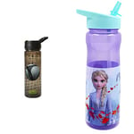 Polar Gear Football Water Tracker Bottle with Straw – Reusable Kids 600ml PP in Green & Black & Disney Frozen Water Bottle with Straw – Reusable Kids 600ml PP – in Purple