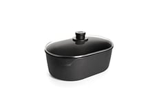 Woll Nowo Titanium Cocotte avec couvercle en verre dans une boîte – Induction – 32 x 22 cm, 12 cm de haut, 6 l – Convient pour tous les types de cuisinières, fonte d'aluminium, passe au four, noir