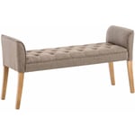 Banc banquette capitonné en tissu taupe avec pieds en bois largeur 133cm