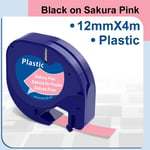 91201 Compatible pour Dymo Letratag Cartouche Ruban D'étiquettes En Plastique 12mm pour Dymo LetraTag Vopewriter LT-100H Étiqueteuse QX50 200B - Type Black on Sakura Pink-12mm