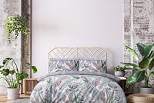 Sleepdown Parure de lit réversible avec Housse de Couette et taie d'oreiller 100% Pur Coton Motif Feuilles Florales et Tropiques Gris 1 Place 135 x 200 cm