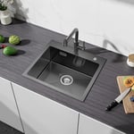 CECIPA 50 x 45 cm Évier Inox 1 Bac Noir-Gris à Poser, Evier Cuisine 1 Bac Anthracite pour Meuble de 50cm et Plus, Evier Inox Noir à Encastrable avec Siphon & Trop-Plein