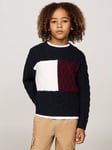 Tommy Hilfiger Kids' Flag Colour Block Cable Knit Jumper, Desert Sky/Multi