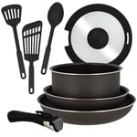 MENASTYL - Set de 8 pièces IRIS - 1 casserole 20cm + 2 poêles 24/28cm + 1 couvercle 20cm + 1 poignée amovible + 1 cuillère + 2 spatules ajourées - Compatible tous feux dont induction - 6020450