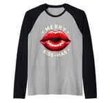 Merry Kiss-mas Christmas Pun Kissmas Kissing Lips Womens Raglan Baseball Tee