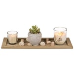 Out of the blue Plate with 2 Glass Candles, Succulent Plant in Ceramic Jar & Wooden Decoration, Natural Colour, ca. 36 x 14 cm