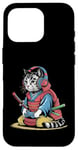 Coque pour iPhone 16 Pro Japon Kawaii Cat Samurai Casque Casque Manette de Jeu Vidéo