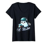 Womens Cute Ghost Riding Motorcycle Spooky Boo Rider Racing Car Boy V-Neck T-Shirt