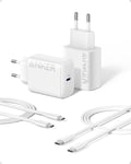 Anker Chargeur USB-C Super Rapide 25 W avec câble USB-C, Prend en Charge la Charge Rapide PPS pour Samsung Galaxy S23 Ultra/S23+/S23/S22/S21/S20/Note 20, etc. (Lot de 2 câbles de 1,5 m Inclus)