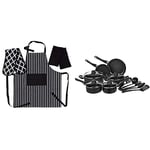 Penguin Home Amazon Basics 15-Piece Non-Stick Cookware Set Apron, Double Oven Glove and 2 Kitchen Tea Towels Set - Black/White