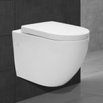 ECD Germany WC Suspendu Long - Rinçage sans Rebord - en Céramique - Blanc - Abattant Softclose en Plastique - Abaissement Automatique à Fermeture en