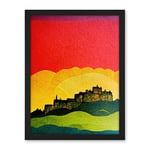 Wee Blue Coo Modern Edinburgh Castle Vibrant Rainbow Colour Sunset Scottish Cityscape Coral Yellow Green Blue Artwork Framed Wall Art Print 18X24 Inch