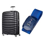 Samsonite Lite-Shock - Spinner L Suitcase, 75 cm, 98.5 litre, Black (Black) & Global Travel Accessories Luggage Strap with Integrated Three Dial TSA Combilock, 190 cm, Blue (Midnight Blue)