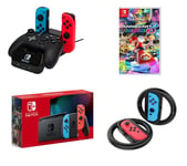 Nintendo Switch Neon Red & Blue, Mario Kart 8 Deluxe, Joy-Con Racing Wheels & PowerA Controller Charging Station, Red,Blue